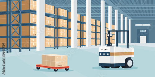 Vector illustration of an autonomous mobile robot transporting a container in a big warehouse