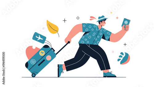 Excited traveler running with a blue suitcase and holding a passport to catch a flight for a vacation or business trip.