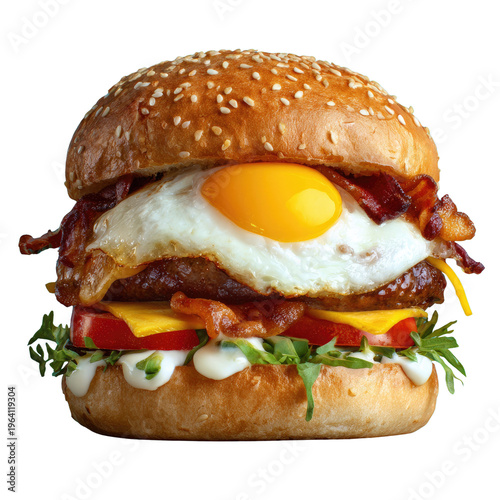 Savory Sunrise Burger: A mouthwatering burger creation, featuring a perfectly fried egg atop a juicy beef patty, crisp bacon, fresh tomato, and creamy sauce.