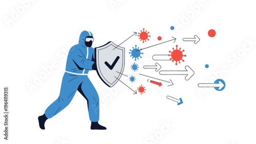 Protective worker in a blue suit using a shield to block red and blue virus particles representing healthcare defense.
