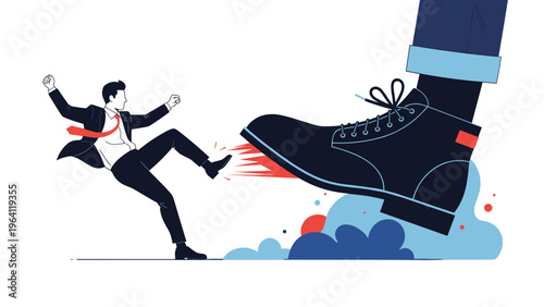 Large black boot about to step on a tiny businessman in a suit representing corporate pressure and unfair competition.