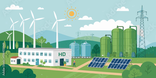 A green eco city landscape featuring sustainable urban architecture with wind energy turbines and trees under a clear sky