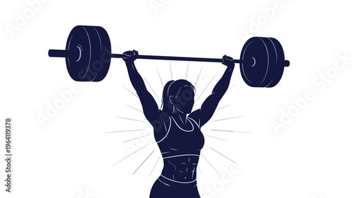 Silhouette of a strong athletic woman performing a heavy barbell lift with rays of light suggesting strength and power.