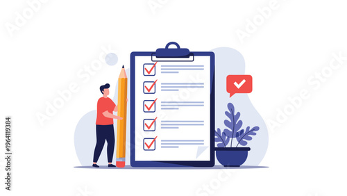 Young man holding a giant yellow pencil while checking off items on a large clipboard list to represent task management.