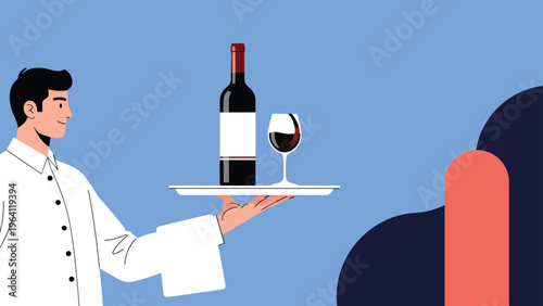 Professional waiter in a white shirt holding a tray with a bottle of red wine and a full glass against a blue background.