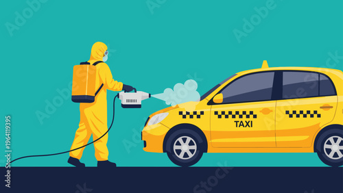 Person wearing a yellow hazmat suit and mask using a fogging machine to disinfect a yellow taxi cab for public safety.