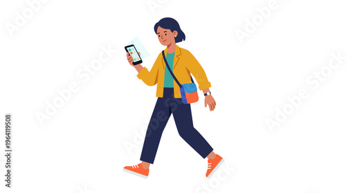 Young Woman Walking While Looking at Her Smartphone.