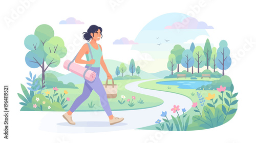 Young woman walking with yoga mat and bag.
