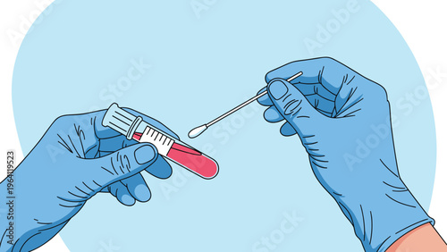 Hands in blue medical gloves holding a test tube with a sample and a cotton swab for diagnostic laboratory testing.