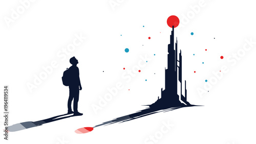 Silhouette of a person with a backpack looking up at a tall futuristic skyscraper under a red sun with floating particles.