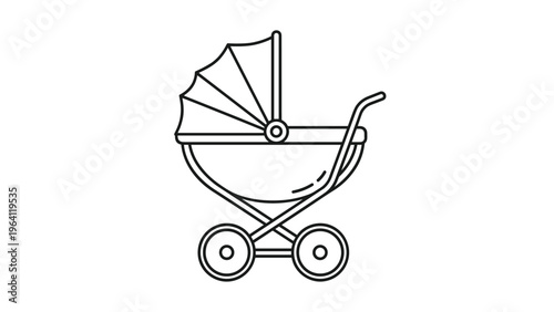Minimalist black and white line drawing icon of a baby stroller with a hood and four wheels on a plain white background.