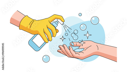 Gloved hand using a spray bottle to apply liquid sanitizer onto another person's open hand for germ and virus protection.