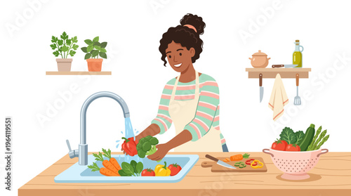 Young woman washing fresh vegetables in kitchen sink.