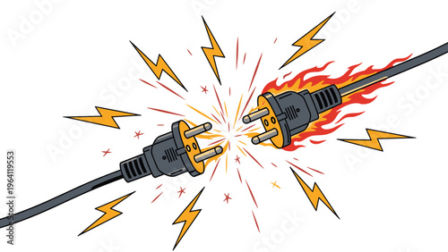 Two electrical power plugs sparking and catching fire due to a short circuit or overload representing fire hazards.