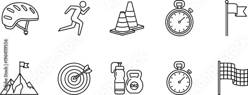 Set of minimalist fitness line icons and sports competition vector illustrations featuring running silhouettes, stopwatches, target arrows, and mountain peak goals for training.