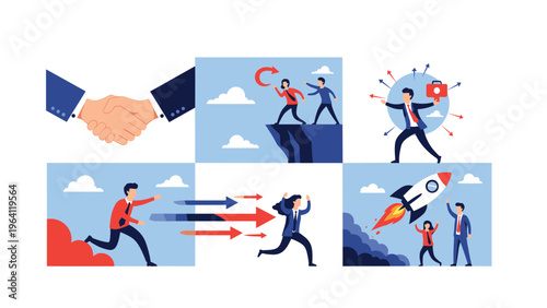 Collection of business illustrations including a handshake, a rocket launch, and people overcoming corporate obstacles.