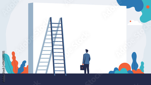 Businessman standing before a massive white wall with a tall ladder, contemplating obstacles and career challenges ahead.