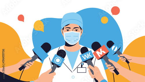 Medical professional in scrubs and a mask speaking at a press conference surrounded by many news media microphones.