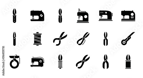 Sewing Tools Icons: Sewing Machine, Scissors, Thread Spool, Cutter, Pliers - Black and White Set