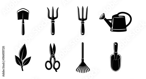 Gardening Tools Icon Set: Shovel, Fork, Watering Can, Rake, Scissors, Leaves, Trowel
