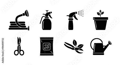 Gardening Tools Icons Set: Hose, Sprayers, Pot, Scissors, Seeds, Pruners, Watering Can