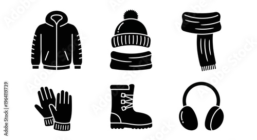 Winter Clothing and Accessories Icons Set - Black and White Vector Graphics