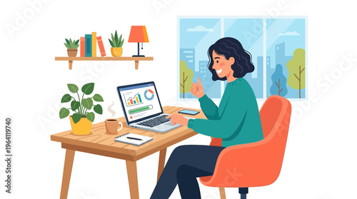 Young woman working diligently on her laptop at a desk.