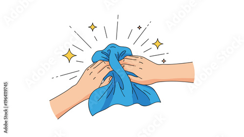 Human hands wiping a surface with a bright blue cloth, surrounded by sparkles to indicate cleanliness and hygiene.
