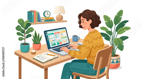 Young woman working diligently on her laptop at a desk.