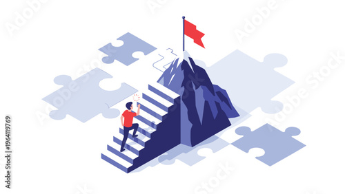 Person climbing a steep mountain path toward a red flag on top, with jigsaw puzzle pieces floating in the background.