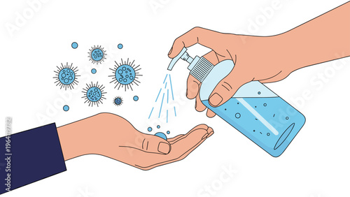 Hand pressing a pump bottle to spray sanitizer onto another hand, with blue bacteria icons being neutralized nearby.