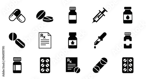 Medical Icons Set: Pills, Capsules, Syringe, Dropper, Bottles, Prescription, Blister Pack