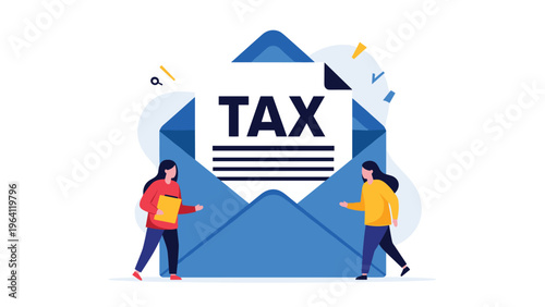 Two professional women standing beside a large blue envelope containing a tax document, symbolizing financial duties.