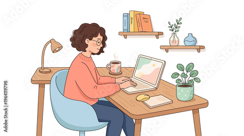 Young woman working diligently on her laptop at a desk.