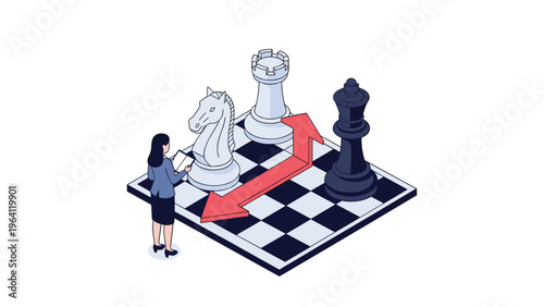 Professional woman standing before a giant chessboard with a white knight and rook facing a black king.