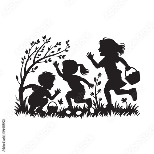 Childrens easter egg hunt happy kids running searching for colorful eggs in grassy field with trees baskets flowers