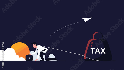 Businessman on his knees pulling a massive heavy weight labeled tax with a rope while a paper plane flies above.