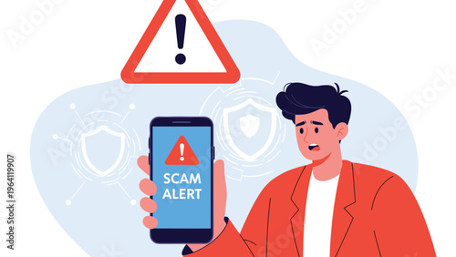 Concerned man holding a smartphone showing a scam alert message with red warning icons and shields in the background.