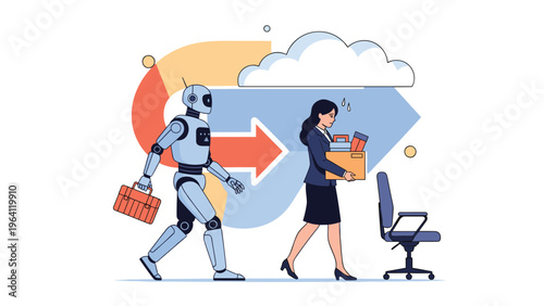 Robot with a briefcase walking toward a woman carrying a box of her things, symbolizing ai replacing human jobs.
