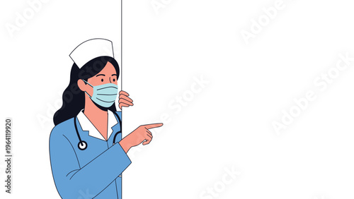 Female nurse wearing a blue uniform and a surgical mask peeking around a white board and pointing into the space.