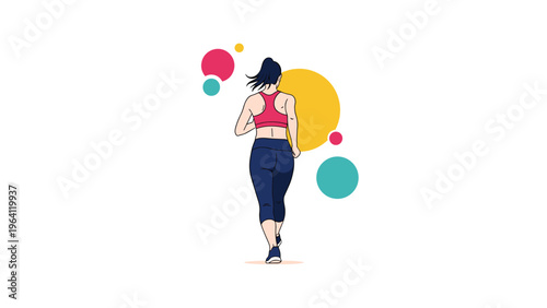 Back view of a woman in a red sports top and dark leggings running toward colorful abstract circles in the distance.