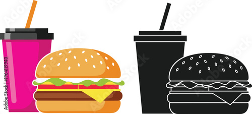 Vector illustration of a fast food meal featuring a burger and soda cup in both colorful flat design and black silhouette icon styles.