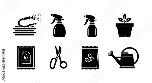 Gardening Icons: Hose, Sprayers, Plant, Seeds, Scissors, Watering Can, Fertilizer