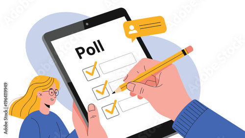 Hand using a pencil to tick boxes on a digital poll shown on a tablet screen, with a girl watching in the background.