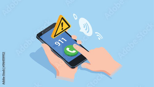 Hand touching the green call button on a smartphone screen to dial nine one one with a warning icon appearing above.