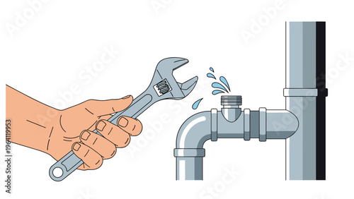 Hand holding a large silver adjustable wrench near a leaking metal pipe with water splashing out from a joint.