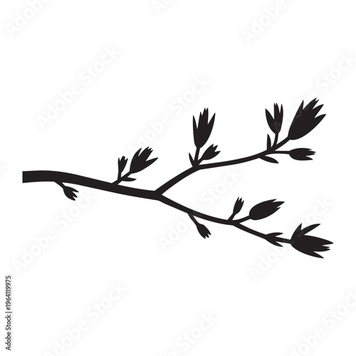 Black silhouette of a sprig with several closed flower buds on a white background