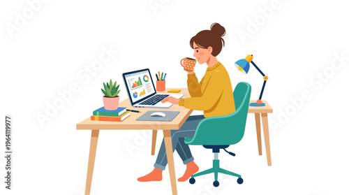 Young woman working on laptop at desk drinking coffee.
