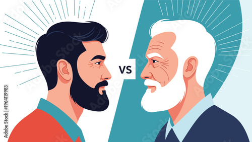 Side profile of a young bearded man facing an older man with white hair and a beard, separated by a vs sign.