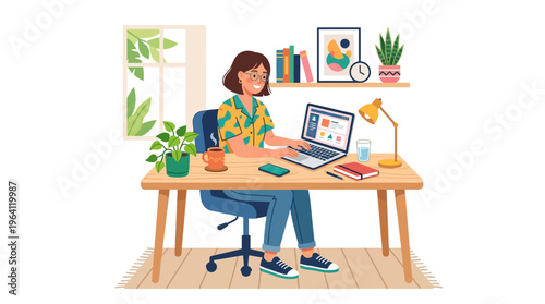 Young woman working on laptop at desk illustration.